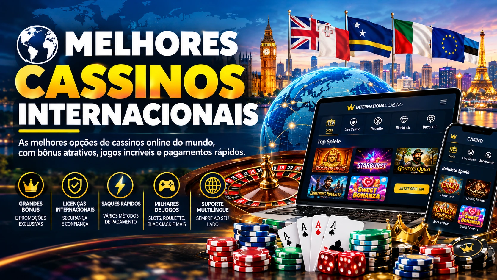 Melhores Cassinos Internacionais do Brasil 2026 — plataformas de cassino online internacional com bônus, Pix e licenças verificadas
